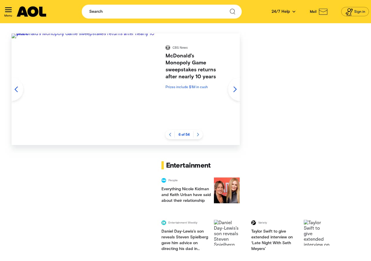 AOL home page in September 2025 with a yellow header, a search box and news stories