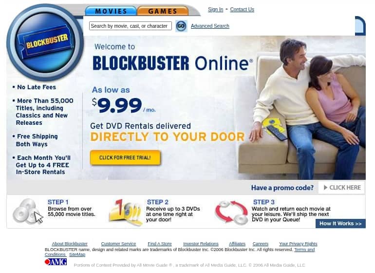 Screenshot of http://www.blockbuster.com/homepages/LoadBlockbusterHomepage.action as archived Jun 14, 2006