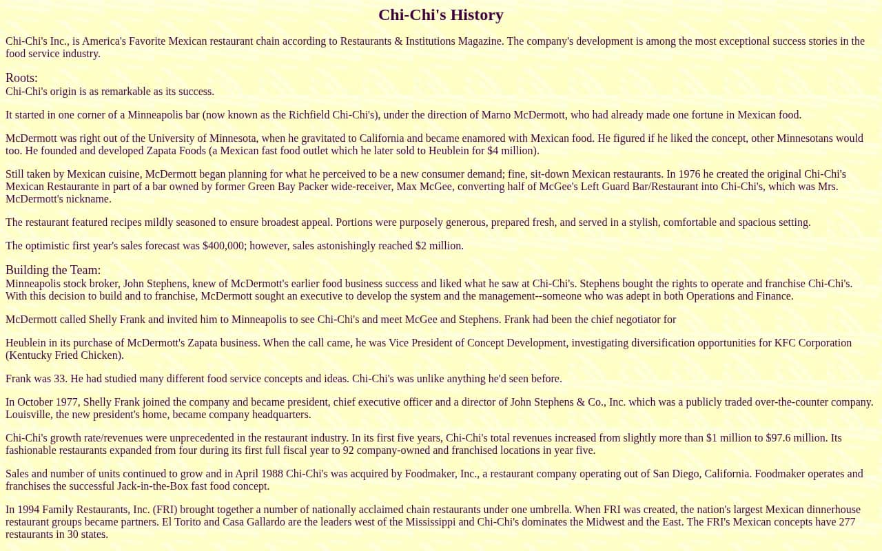 A plain web page headed Chi-Chi’s History with paragraphs of text under the subheadings Roots and Building the Team