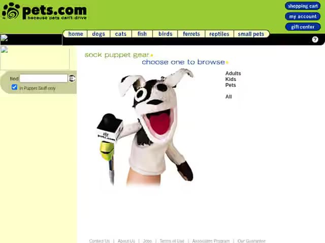 Screenshot of http://www.pets.com/cgi-bin/puppy/products/category_home.jsp?BV_UseBVCookie=YES&animal=Puppet&oid=-12422 as archived Mar 1, 2000 · 12:39 AM ET