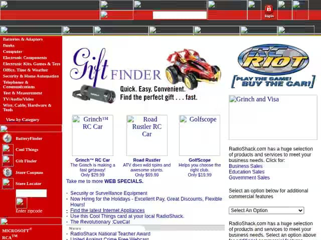 RadioShack home page in December 2000, a red catalog page with category lists and partner logos