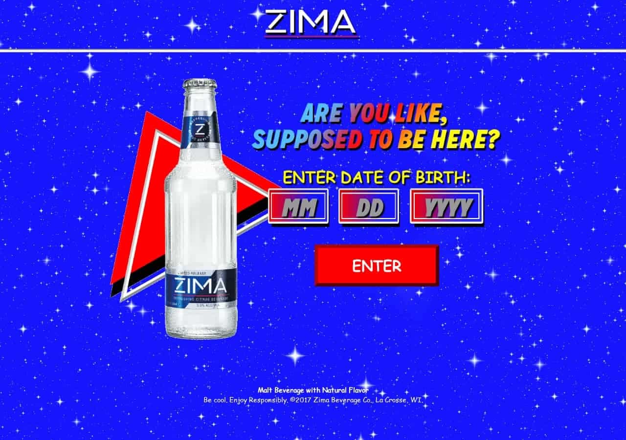 The 2017 zima.com age gate with a bottle on a starry blue background