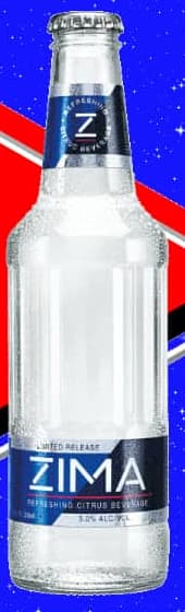 A frosted clear bottle with a dark blue Zima label